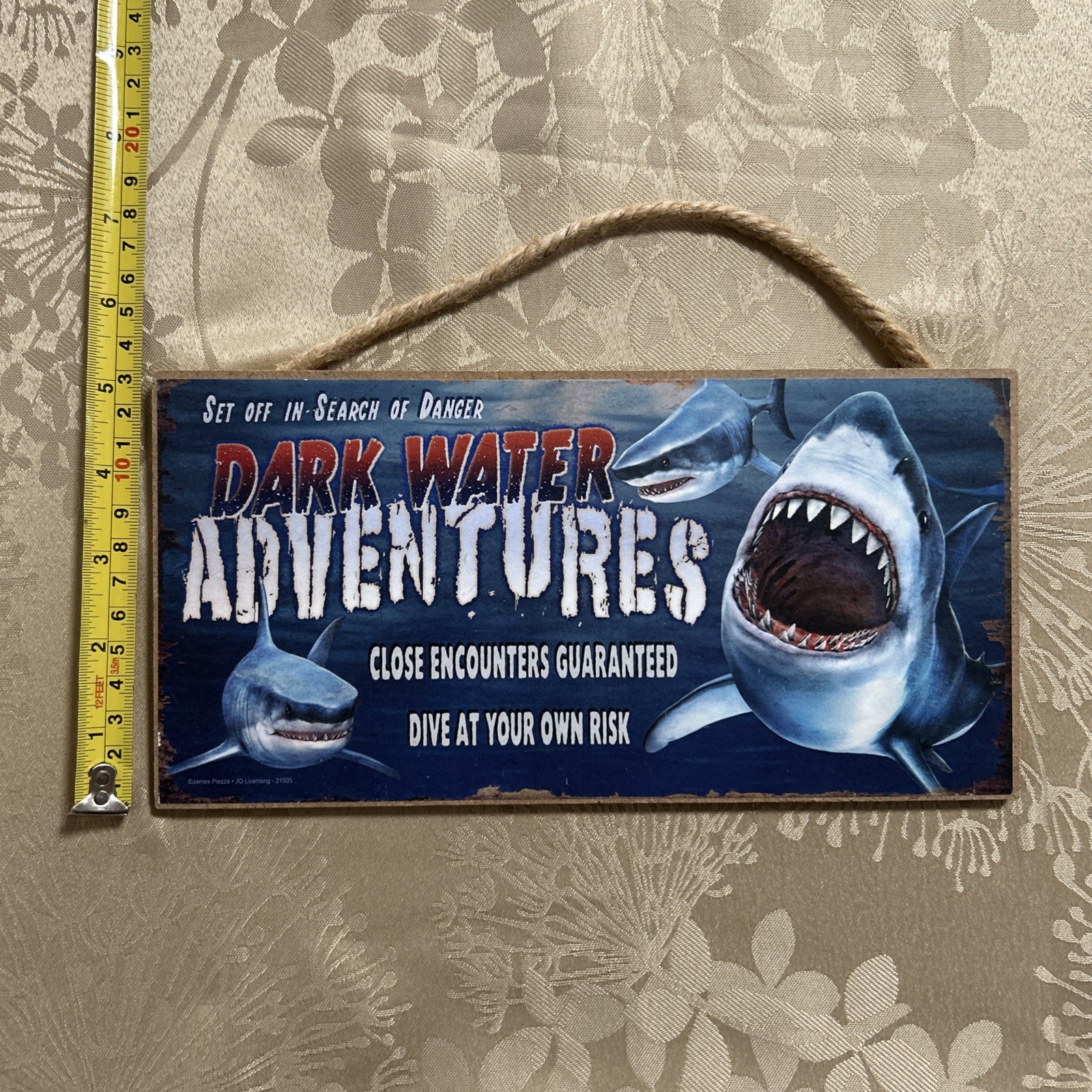 GREAT WHITE SHARK TOUR SIGN Nautical Beach Sailing Boat Home Decor Blue Wood