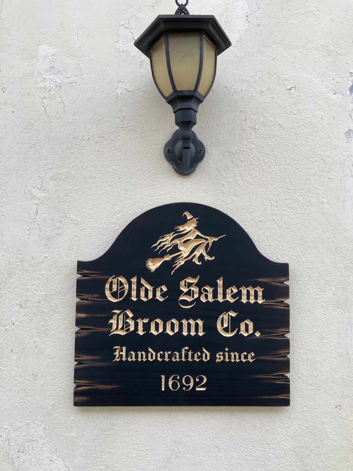 Halloween Salem Witch Broom Wooden Sign Carved Rustic Antique Look