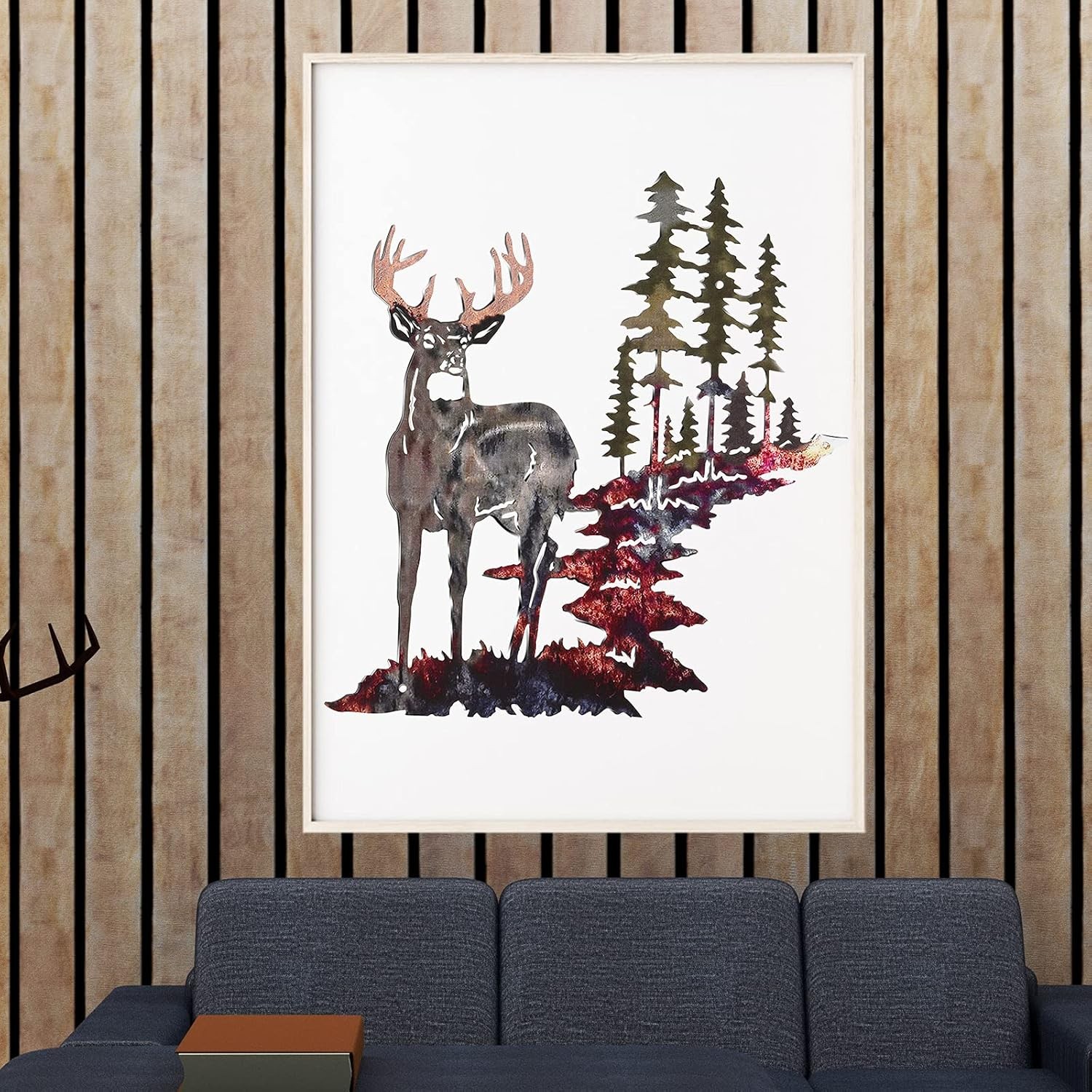 Forest Deer Wall Hanging Metal-Finish Rustic Hunting Decor 11.8 x 7.9 inches