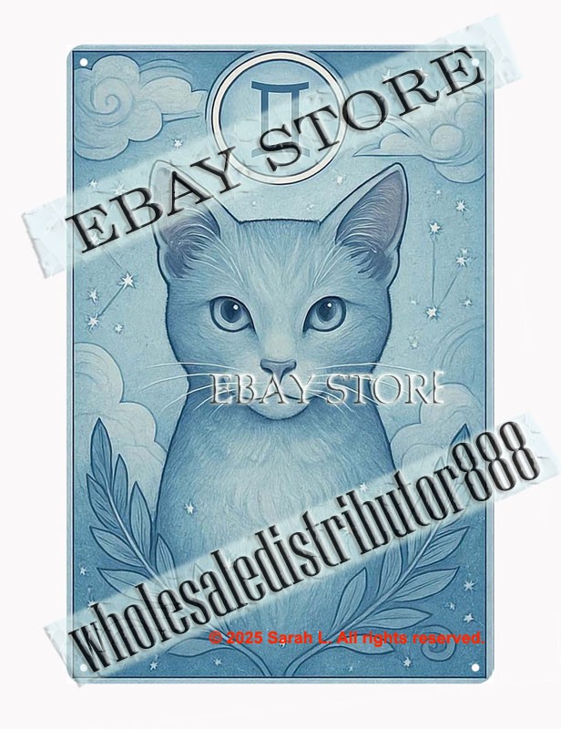 Gemini Air Element Zodiac Cat Tin Sign Metal Wall Decor