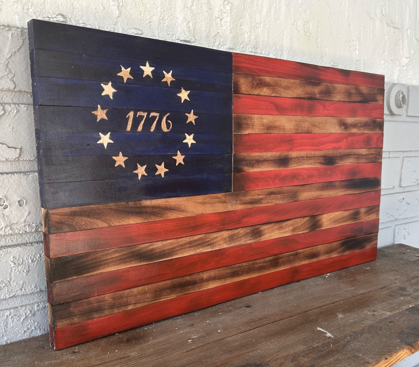 Handmade Wooden American Flag, Spirit of 1776 Charred American Flag 13.5 X 23.75