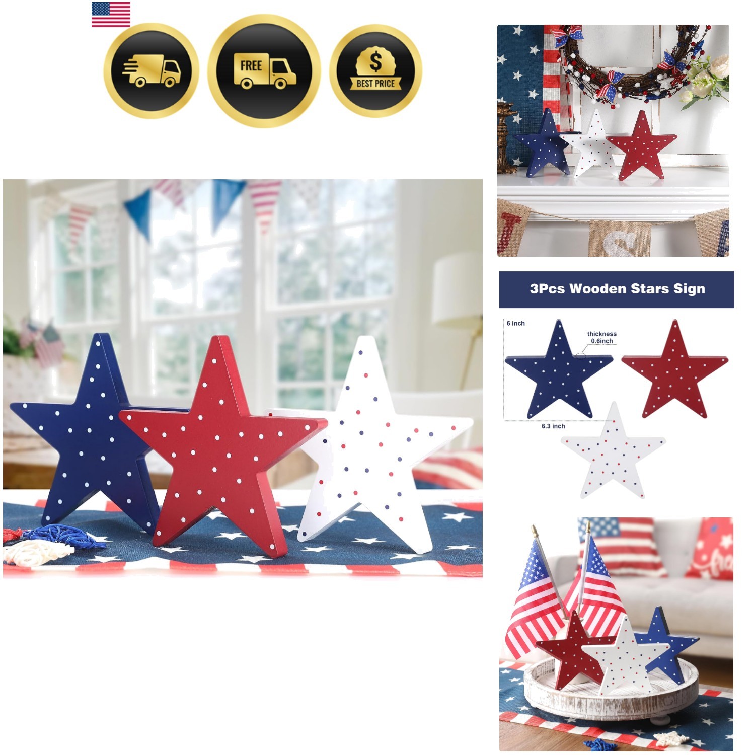 4th of July Decorations-3Pcs Patriotic Wooden Stars Sign-Classic Red White Bl…