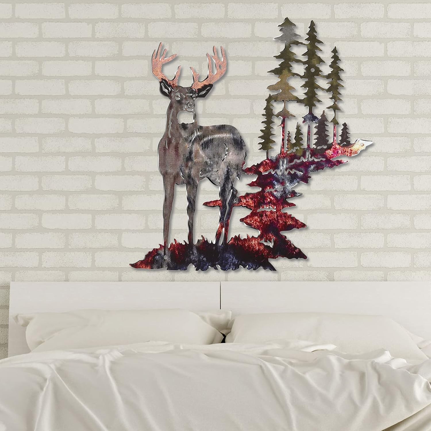 Forest Deer Wall Hanging Metal-Finish Rustic Hunting Decor 11.8 x 7.9 inches