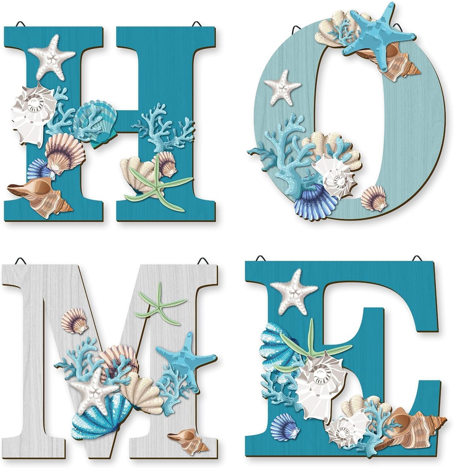 4 Pcs Wood Home Sign Coastal Beach Wall Decor Beach Style Signs Blue Starfish an
