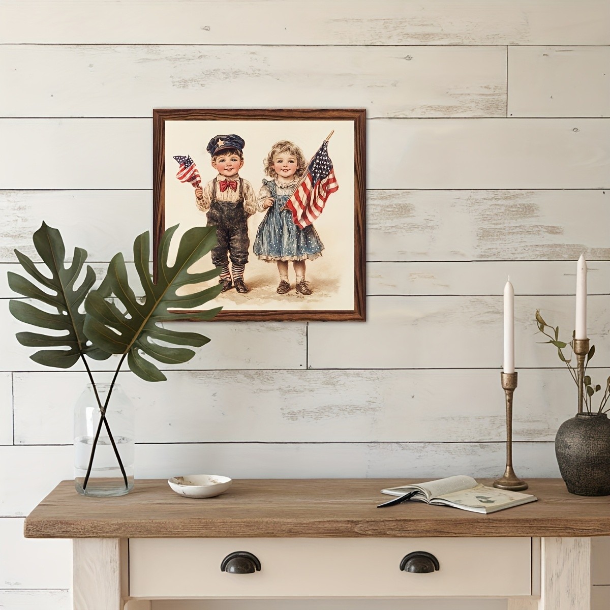 4th Of July Patriotic Children Flag Wooden Plaque Vintage USA Home Decor Gift