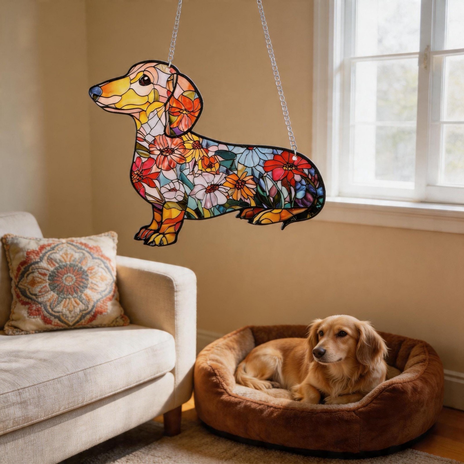 Stained Glass Dachshund Suncatcher – Floral Dog Window Hanging & Gift