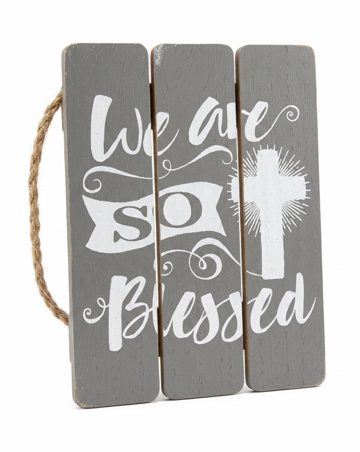 “We Are So Blessed” Cross Rustic Distressed Wood Hanging Wall Sign Gray/White