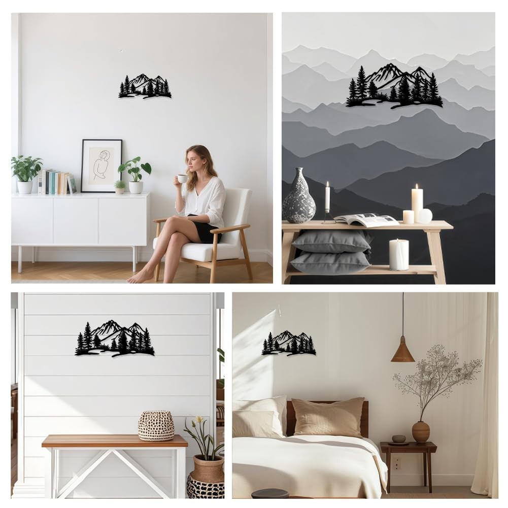 Matte Black Minimalist Mountain Forest Metal Wall Art Hanging Decor
