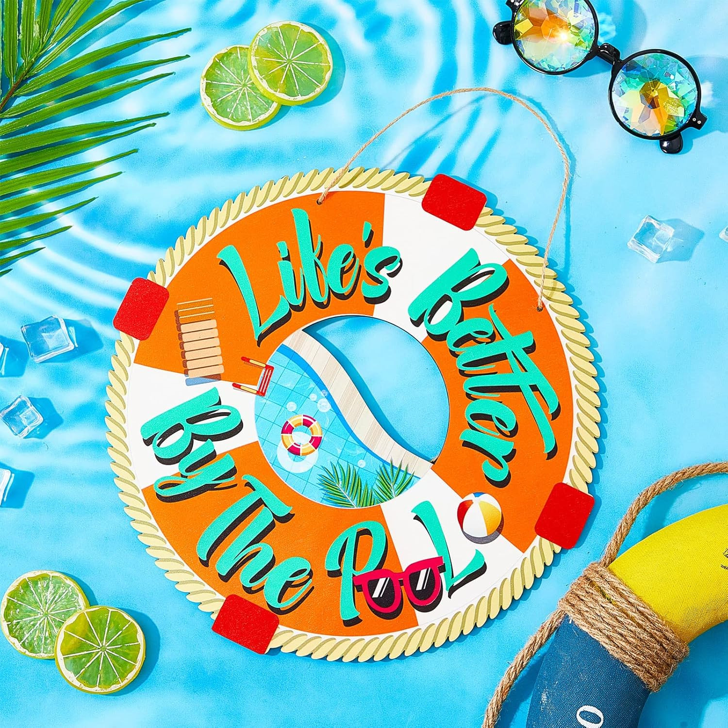 Life is Better by The Pool Sign Summer Wooden Lifesaver Rings Outdoor Pool Decor