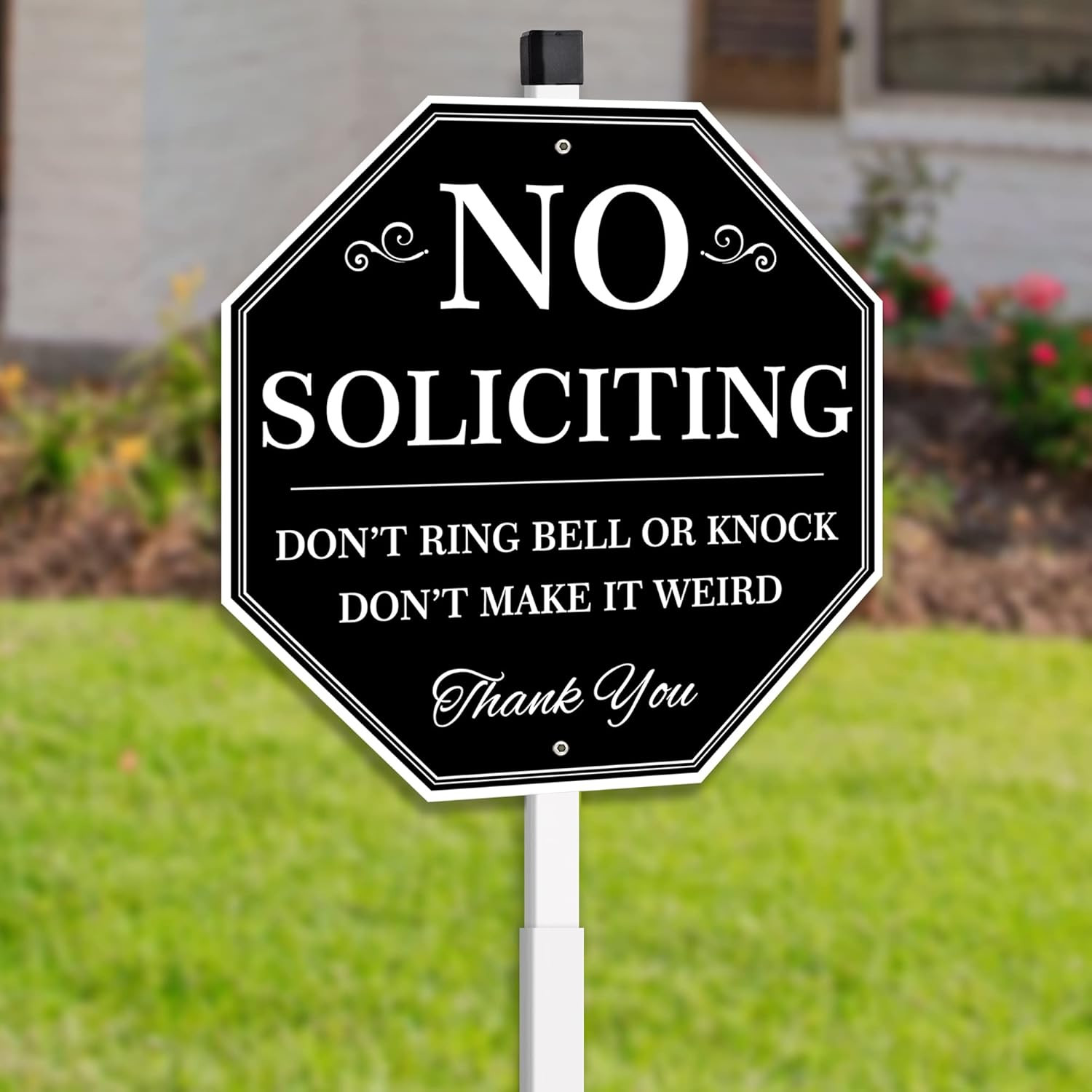 Metal No Soliciting Yard Sign with Stake, 10″ x 28″, Black and White