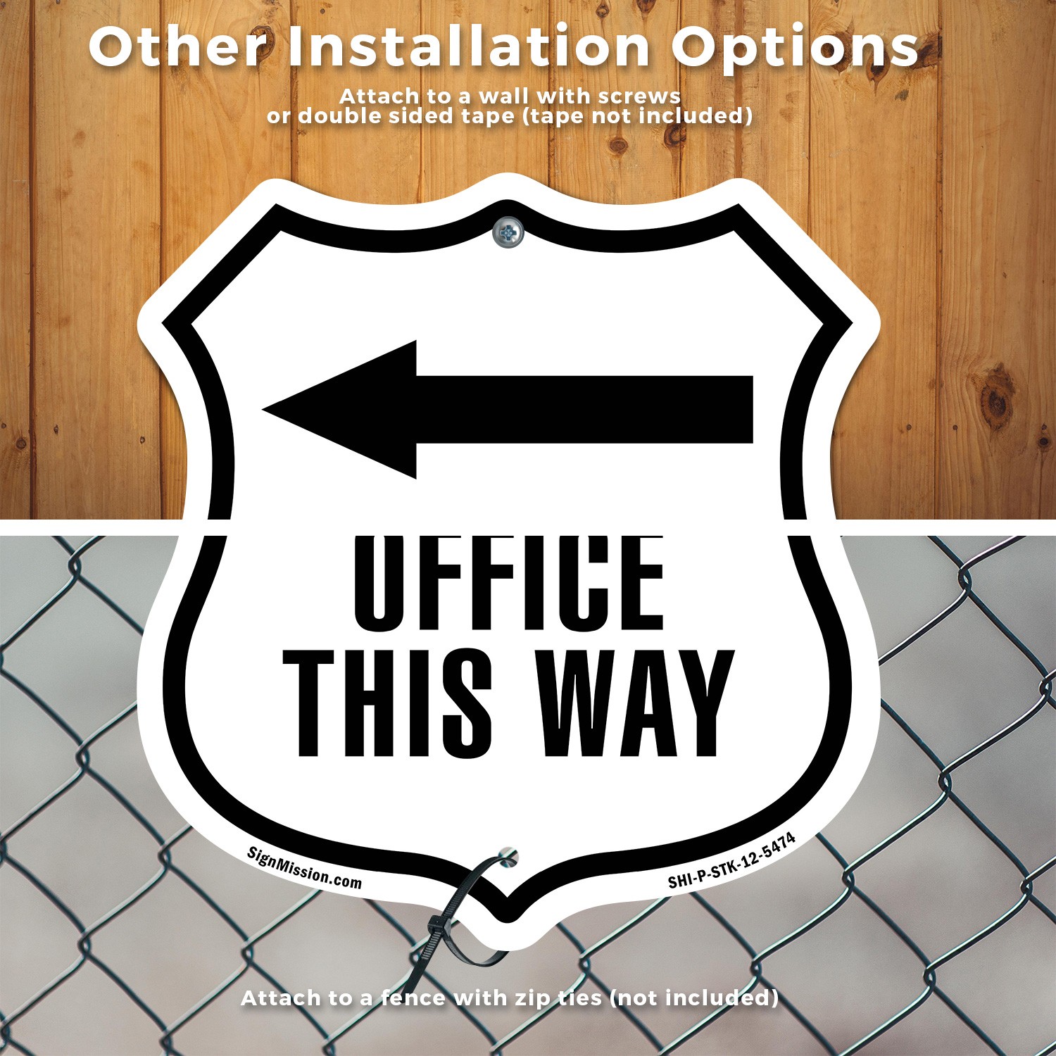 Office This Way Left Shield Shaped Sign With Stake Crafted in the USA