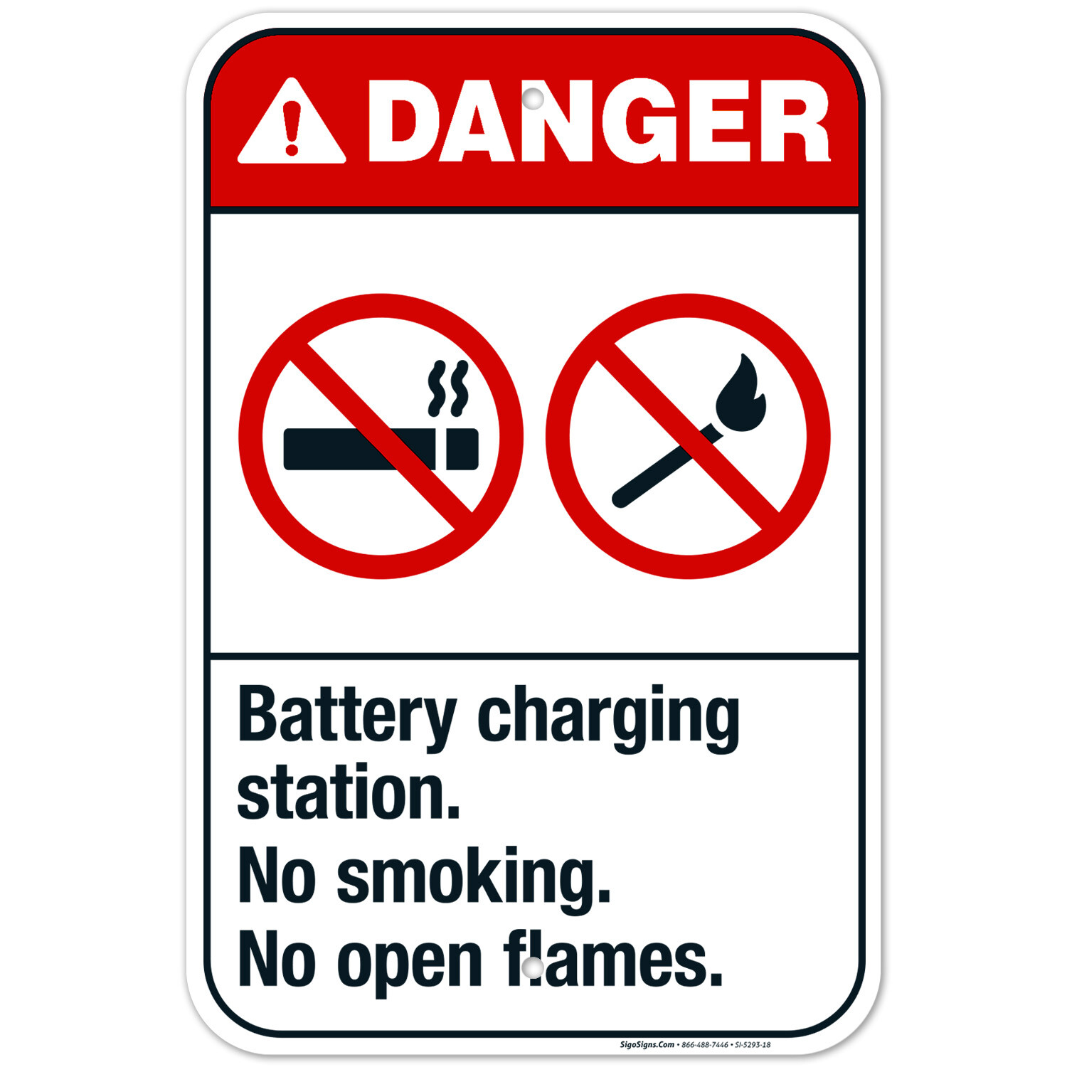 Battery Charging Station No Smoking No Open Flames Sign, ANSI Danger Sign,