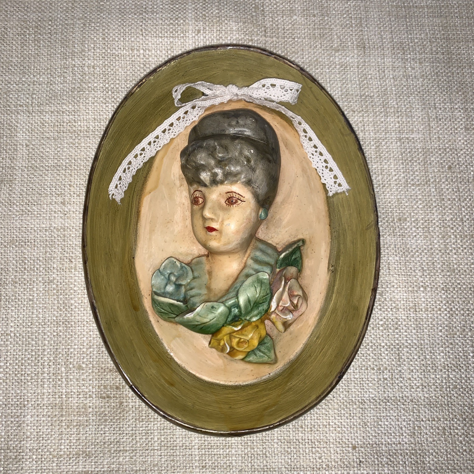 Vintage Chalkware Cottage Victorian, 3-D Lady With Flowers Portrait Wall Art