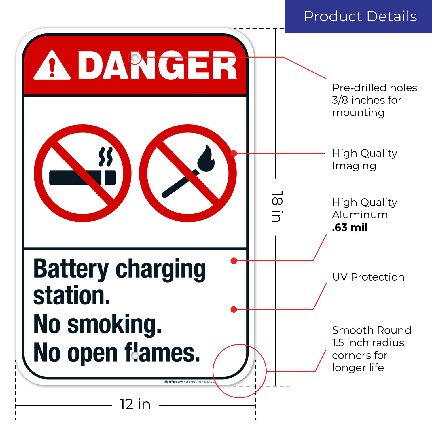 Battery Charging Station No Smoking No Open Flames Sign, ANSI Danger Sign,
