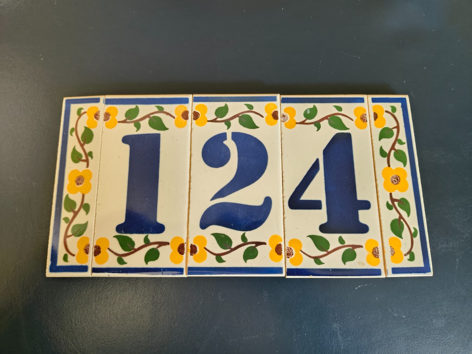 Hand-Painted Tile House Numbers: Ceramic Address Tiles 5 pcs – #’s 1-2-4 + endX2