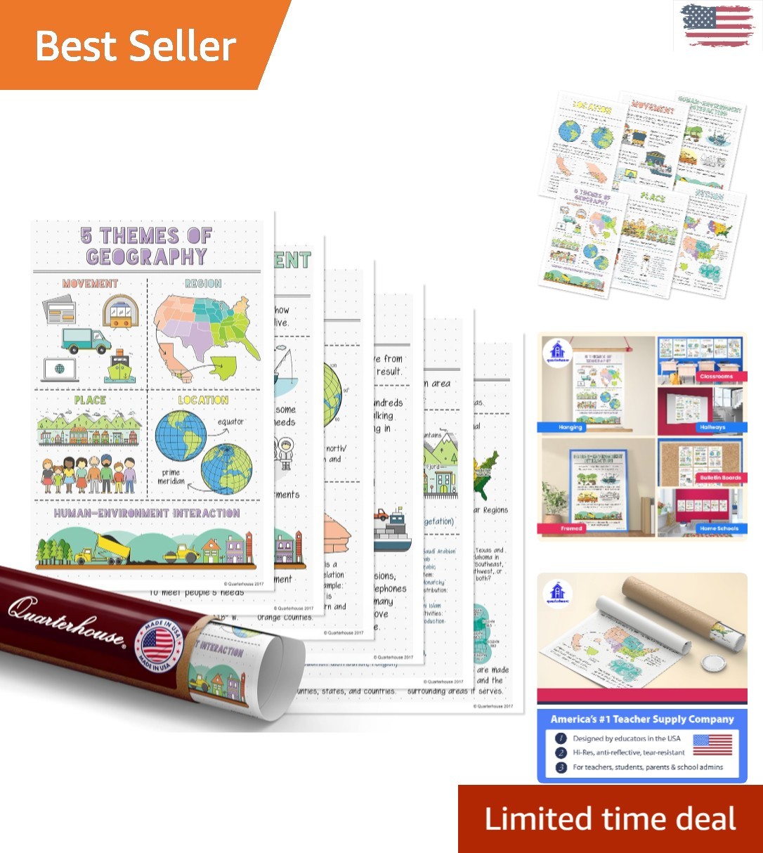 K-12 Geography Learning Posters | 12×18 Satin Prints for Classroom Inspiration