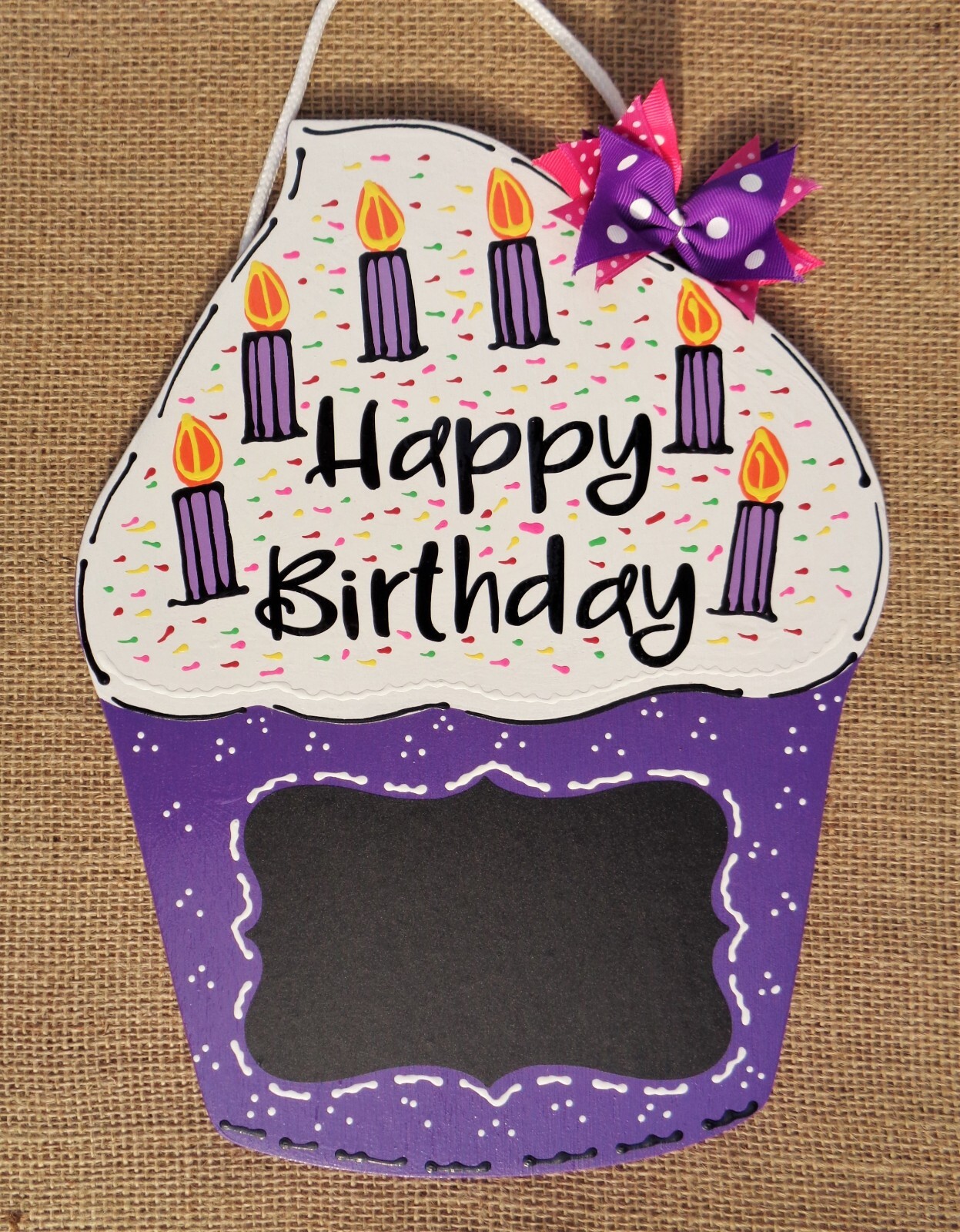 CHALKBOARD Happy Birthday CUPCAKE SIGN Wall Door Hanger Kid’s Party Purple