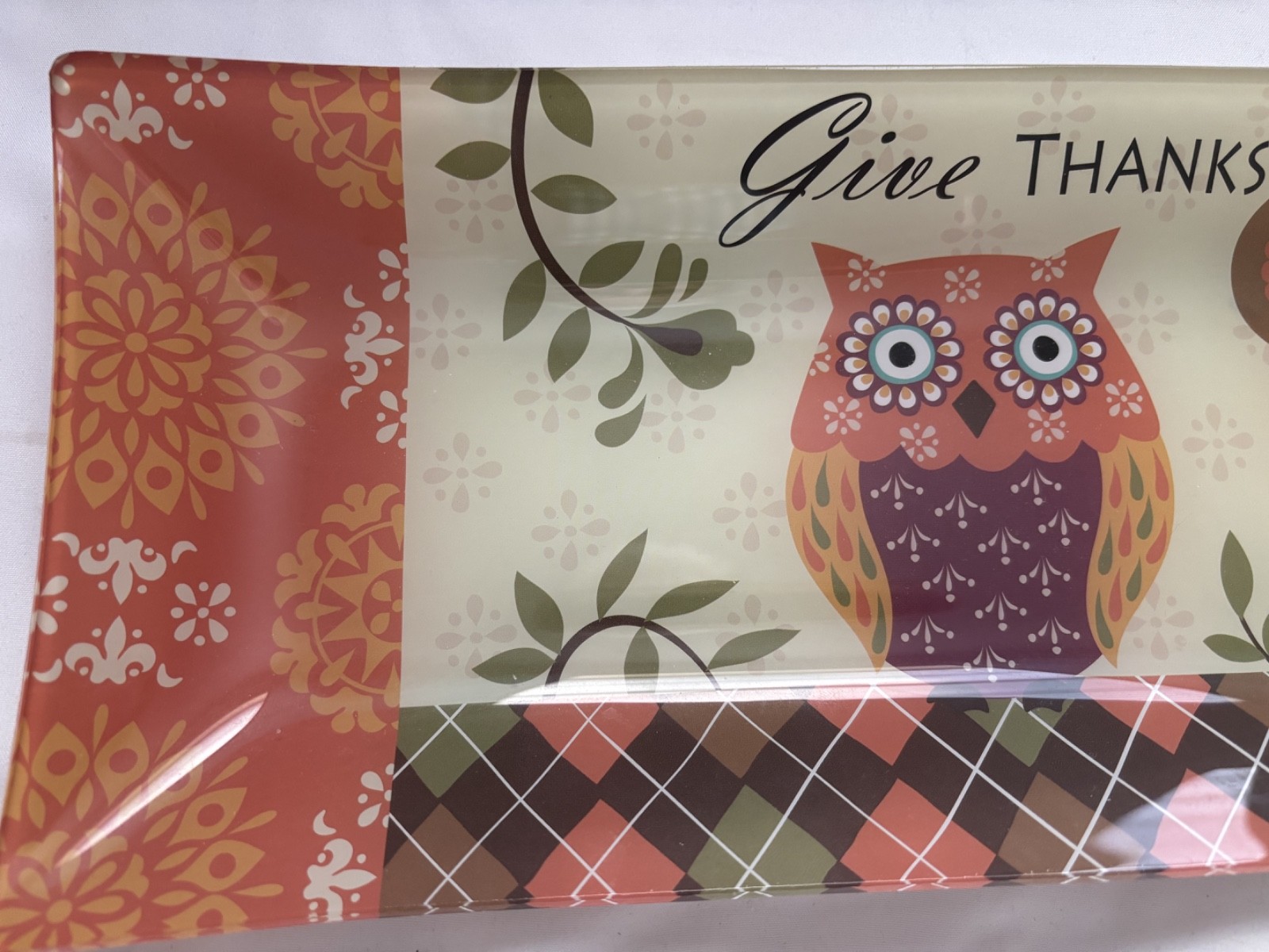Hobby Lobby Autumn “Give Thanks” Decor Tray Owls 14 1/4″L X 6″W X 1″H.