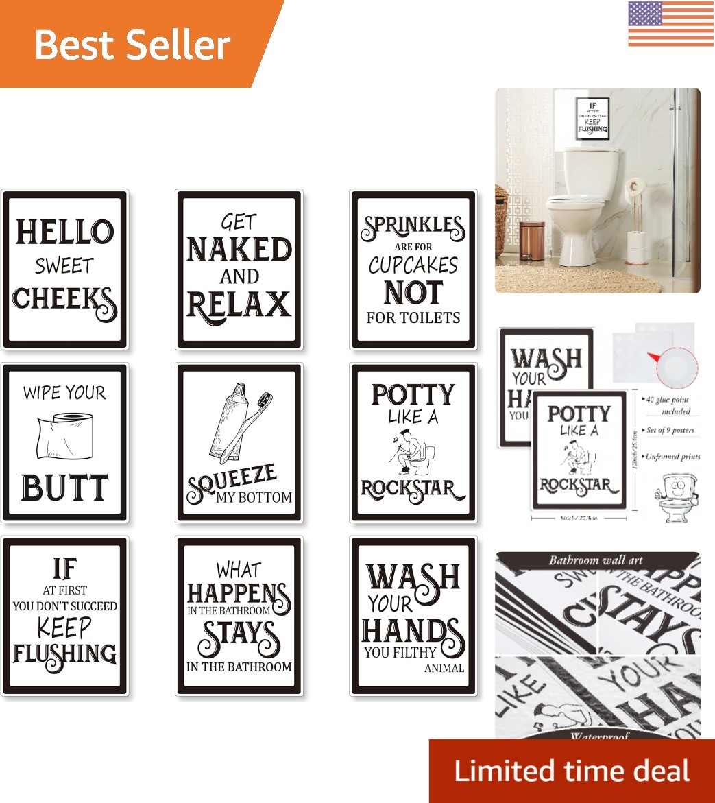 9-Piece Funny Vintage Bathroom Wall Decor – Chic Washroom Quotes Art Prints