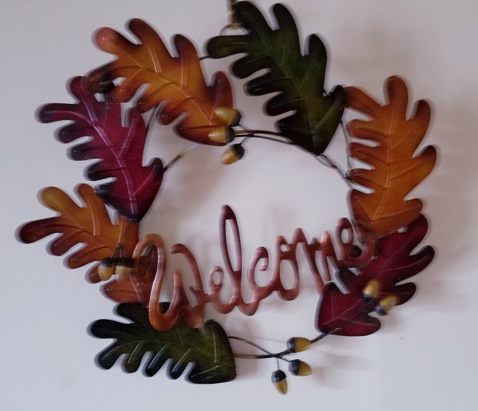 Hanging Metal Autumn/Fall “Welcome” Door Wreath-EUC