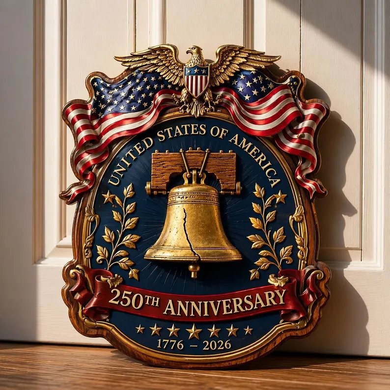 USA 250th Anniversary Wooden Liberty Bell Sign, 1776-2026 Decor