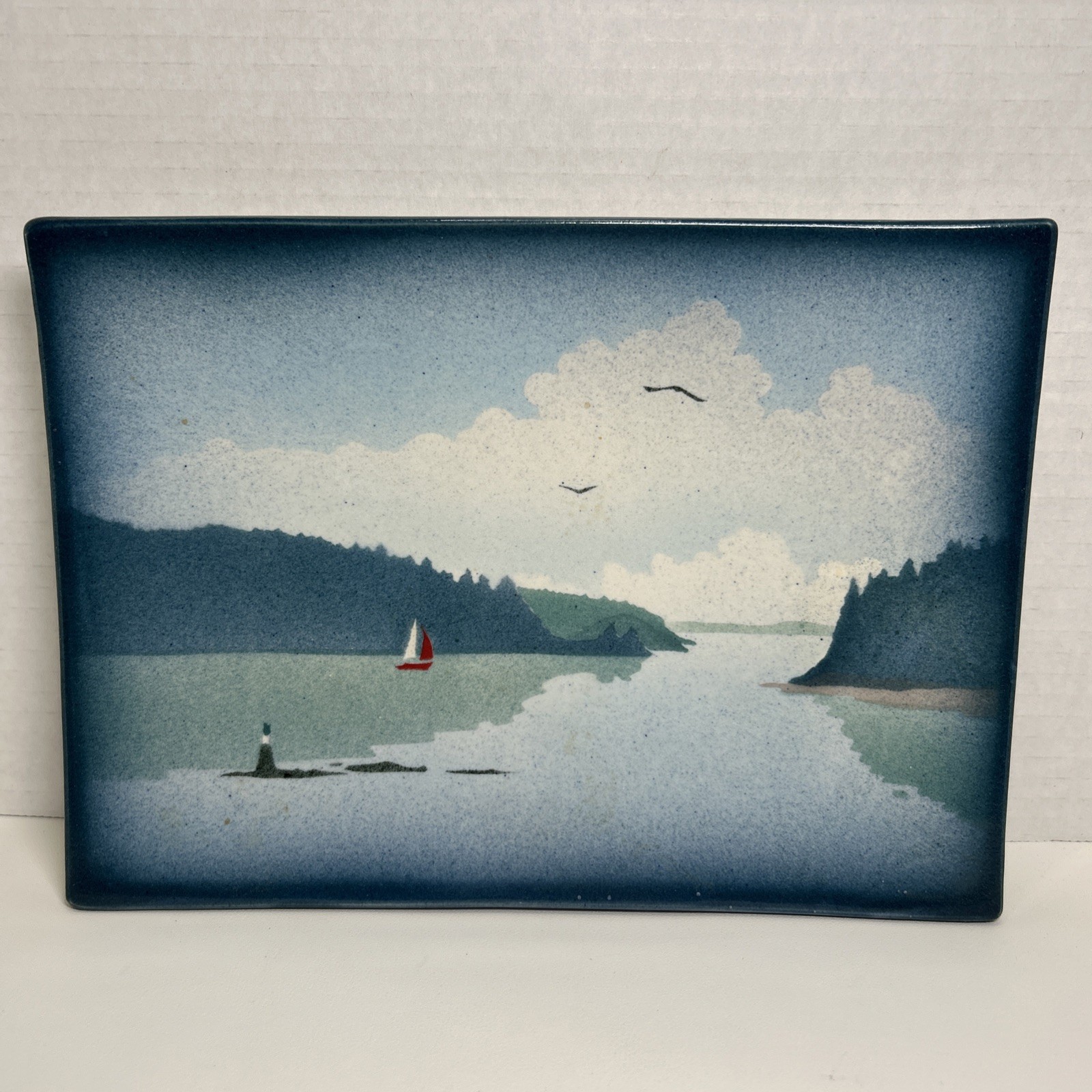 Alan Grout Stuido Pottery Blue Seascape Sailboat Wall Plaque / Sushi Tray 10×7″