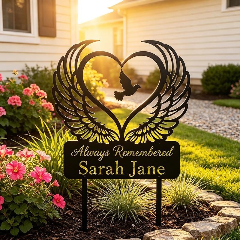 Custom Memorial Garden Stake, Angel Wings Dove Sign, Sympathy Grave Marker
