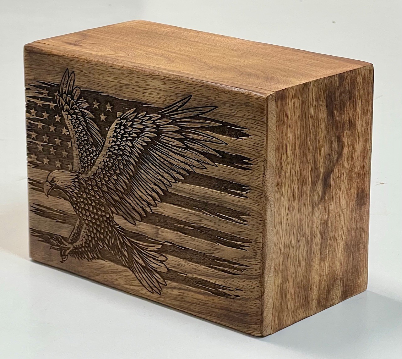 Handmade Walnut Wood Cremation Urn Patriotic Eagle and American Flag -7.5×5.5×4