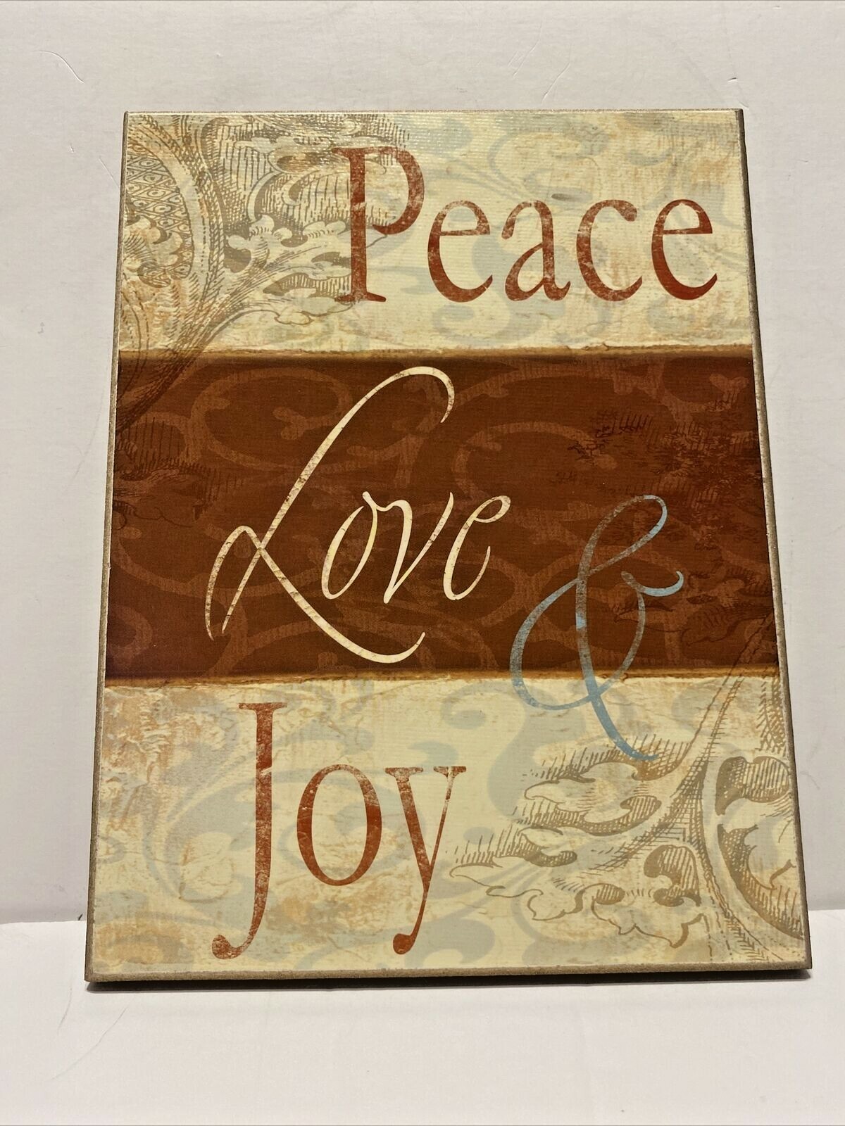 Peace Love Joy Wooden Sign – Wall Plaque Brown Beige Blue