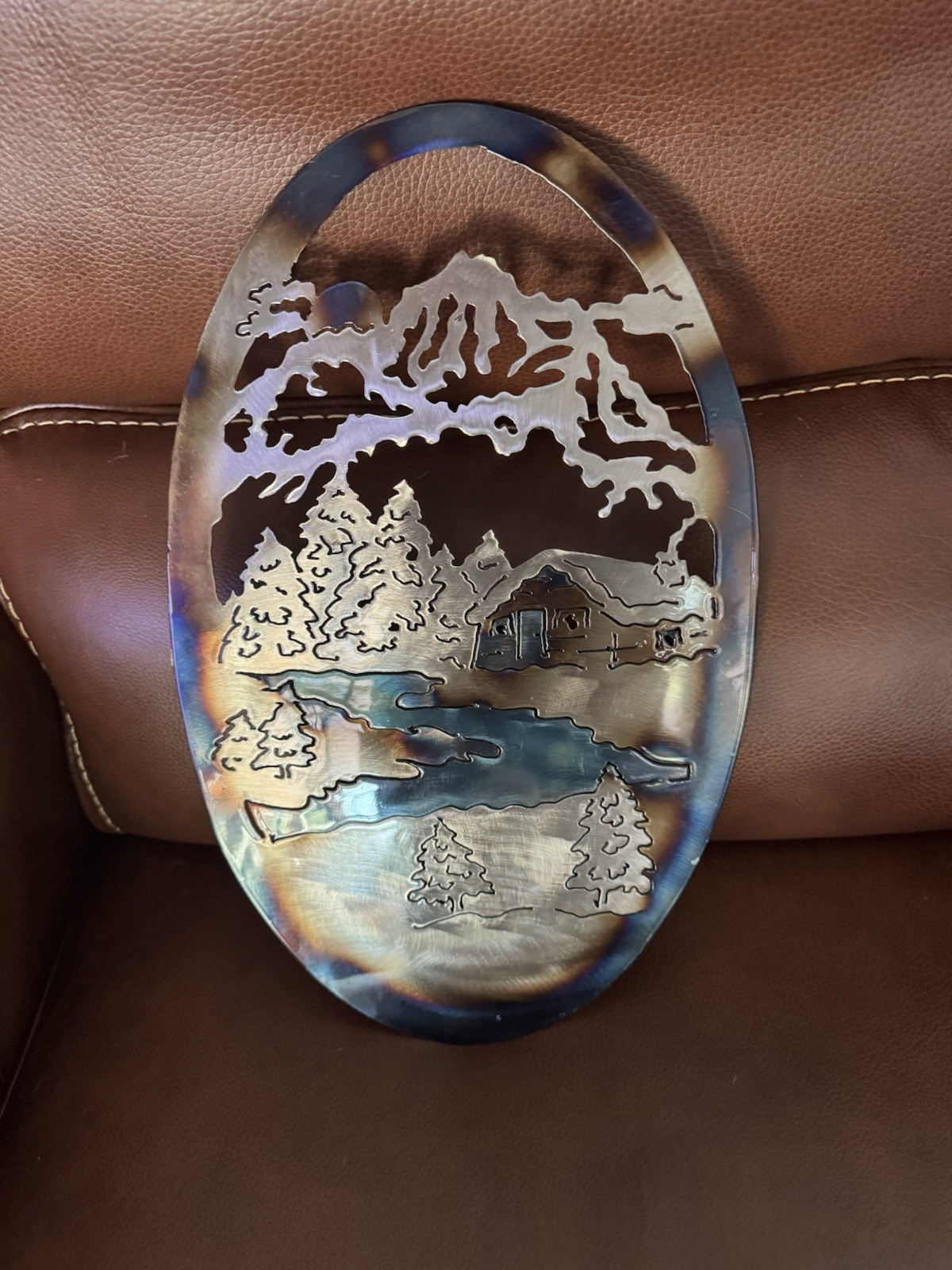 16” Cabin River Metal Trees Wall Art Decor Mountain Pinetree Scene Ready To Hang