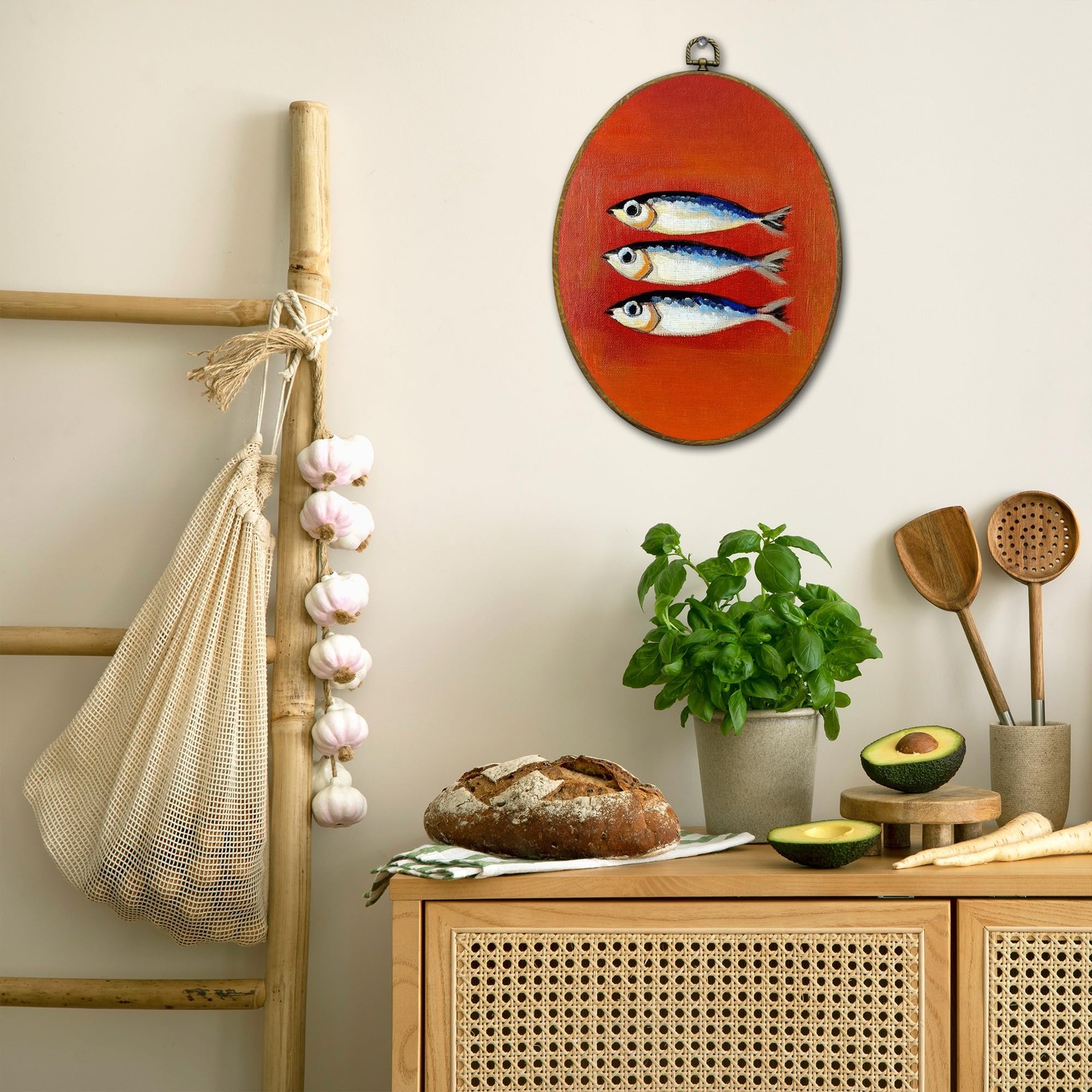 Vintage Coastal Sardine Fish Oval Wall Art Decor Framed, Retro Ocean Beach Ki…