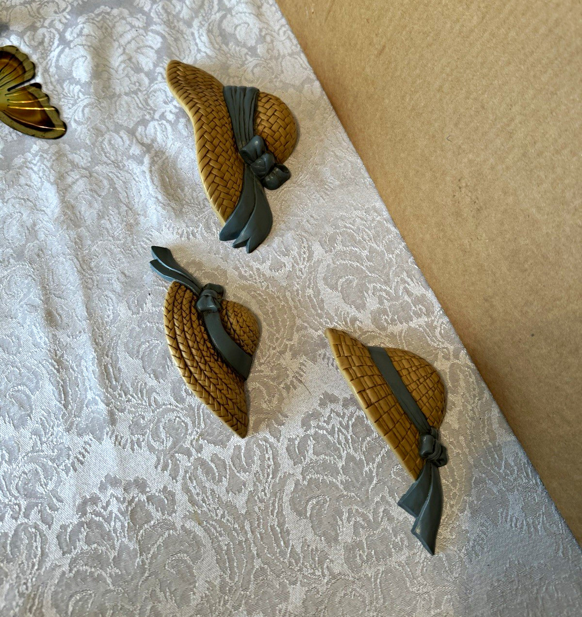 Set of 3 Hat Wall Plaques Resin Tan/Gray Woven Pattern 3D Effect 4 in