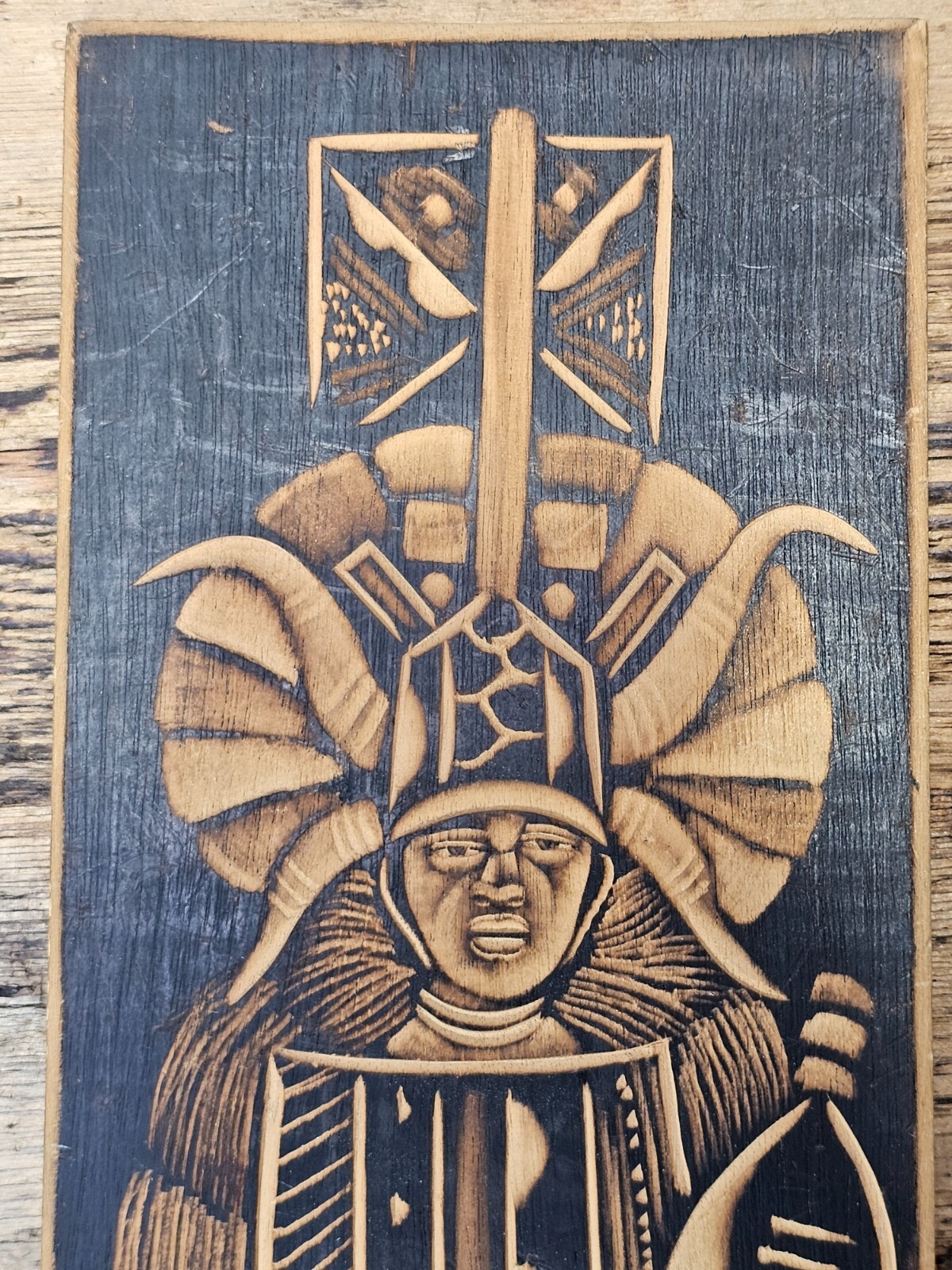 Hand-Carved Zulu Warrior Wooden Wall Plaque Southern African Folk Art 12″ x 5.5″