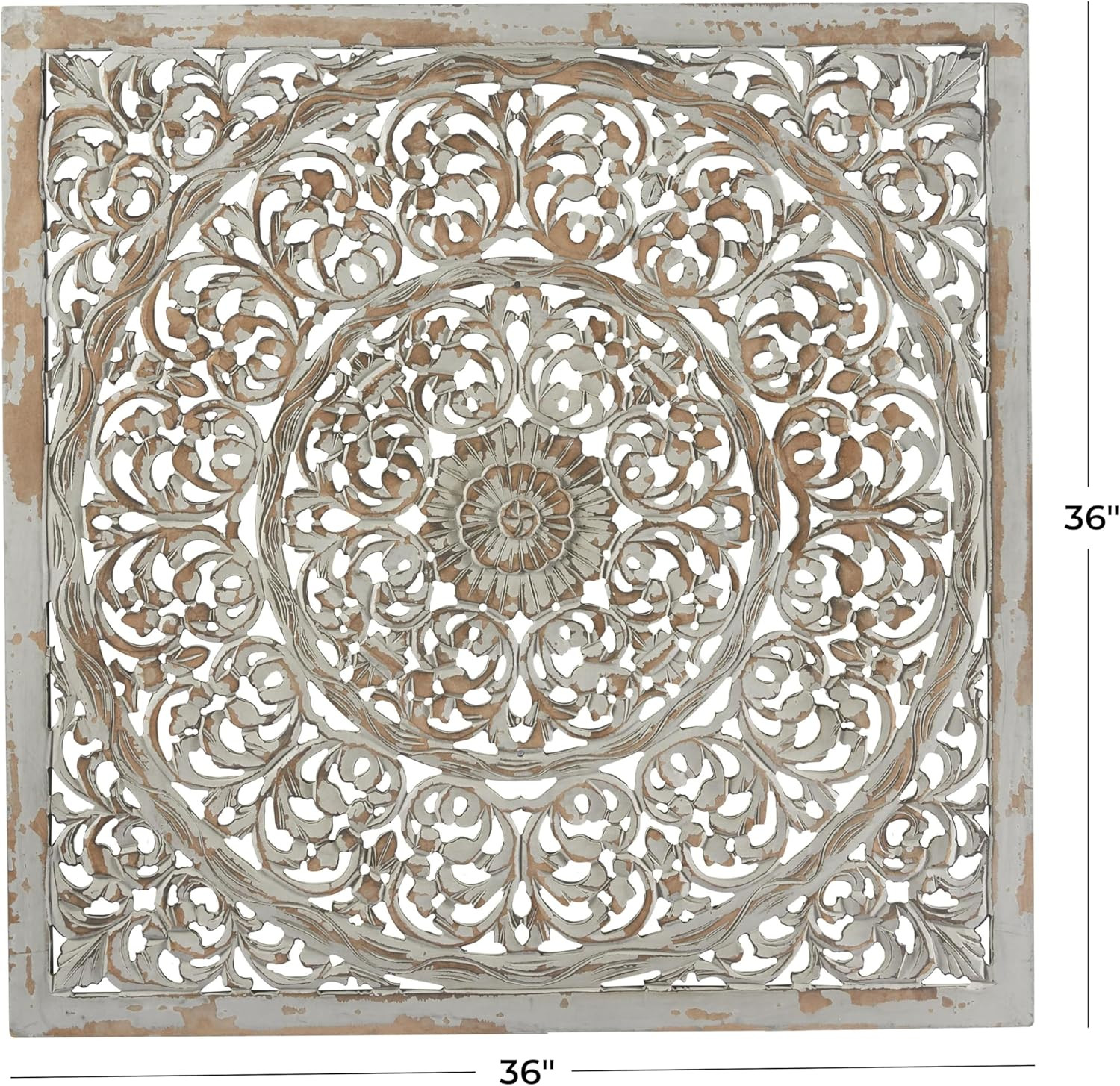Handmade Wooden Floral Mandala Wall Art – 36″ Gray with Brown Distressing