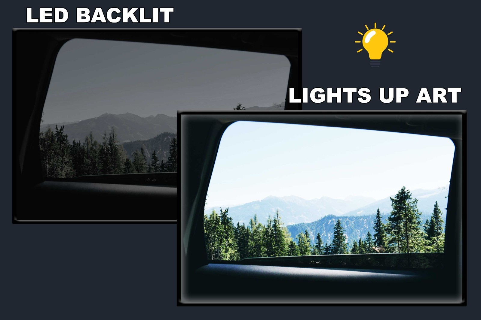 LED Backlit Window View Wall Art Lighted Frame – pine tree mountain landscape