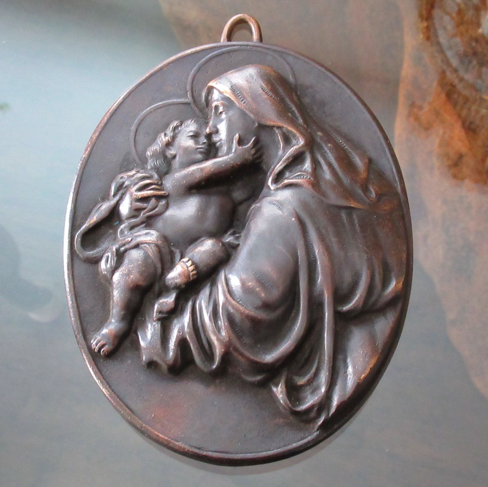 Vintage Bronze BVM Virgin Mary Baby Jesus Madonna Child Wall Art Plaque Brass