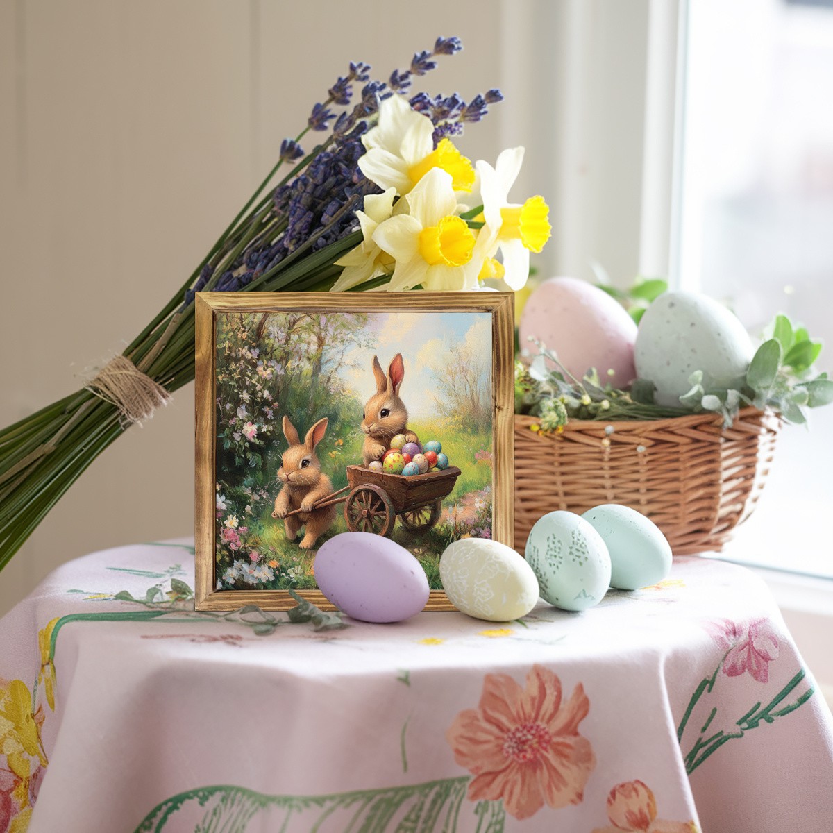 Easter Bunnies with Egg Wheelbarrow Wooden Plaque Rustic Spring Holiday Decor