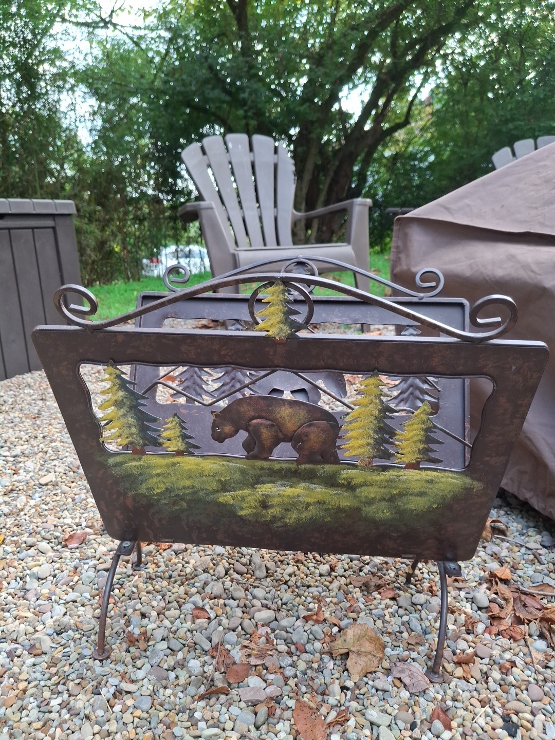 Firewood Carrier Holder Magazine Metal Silhouette Cut Out Bear Trees Cabin Woods