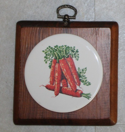 Vintage 70’s Wood Ceramic Vegetable Tile Wall Decor Set of 6 Square