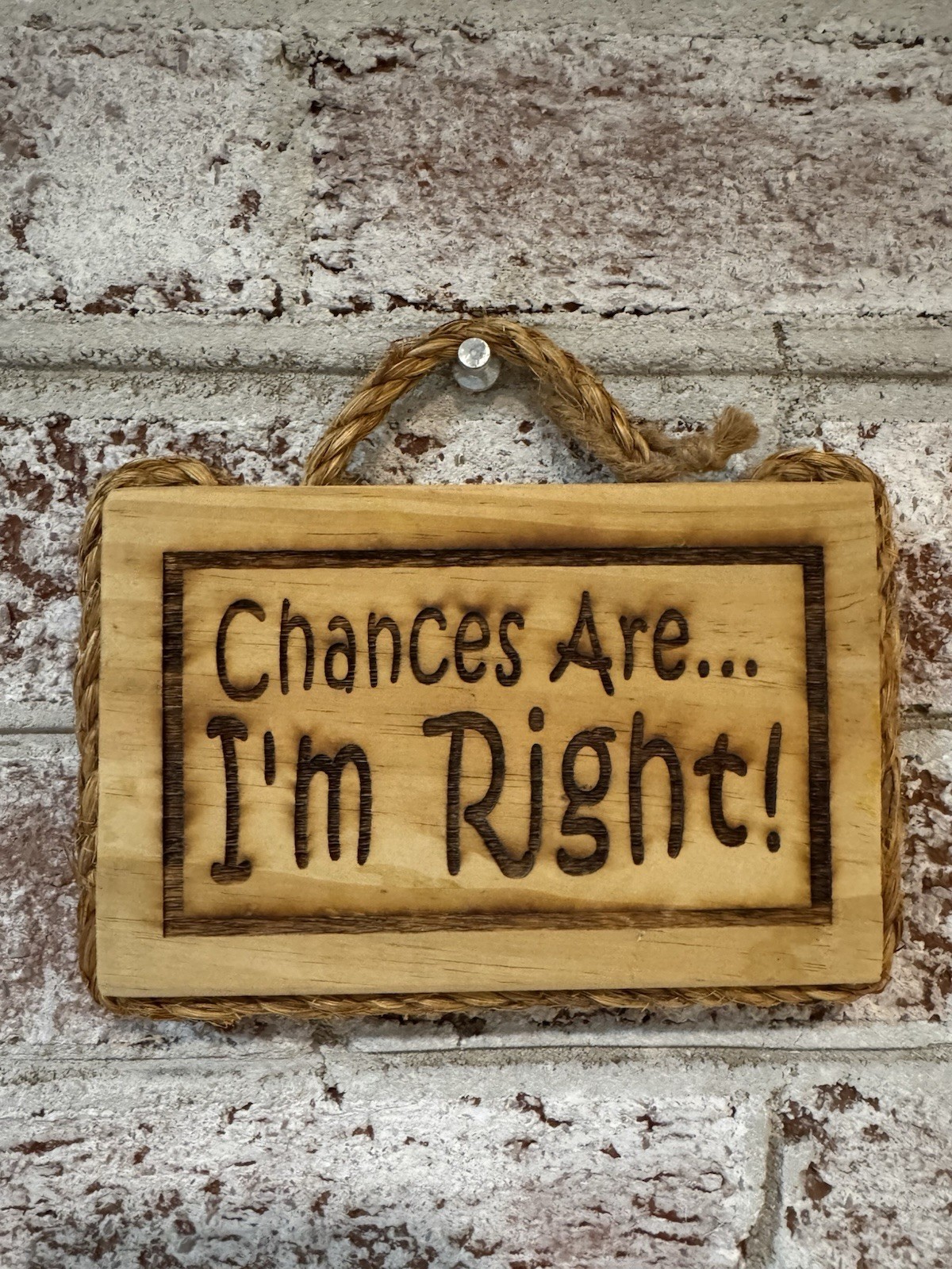 Funny Mini Rustic Wood Sign “Chances Are I’m Right!” Rope Frame 6”x4”