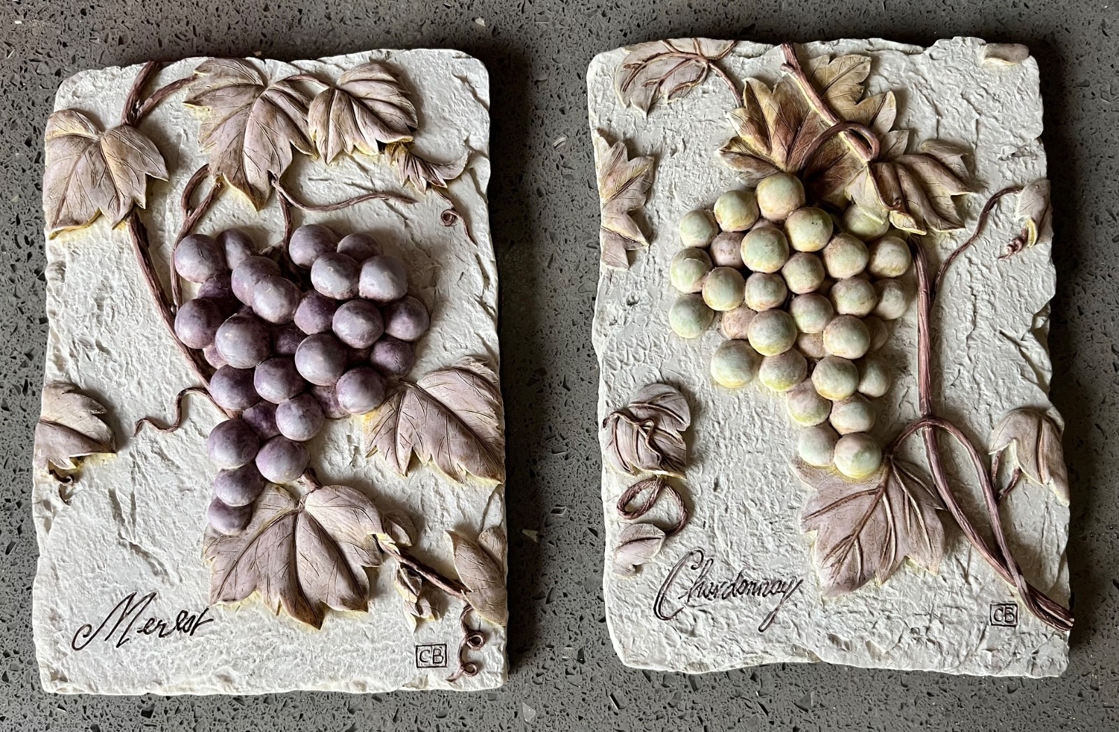 Set of 2 3D Ceramic Wall Grapes & Leaves Tiles 4 in width 6 in length each
