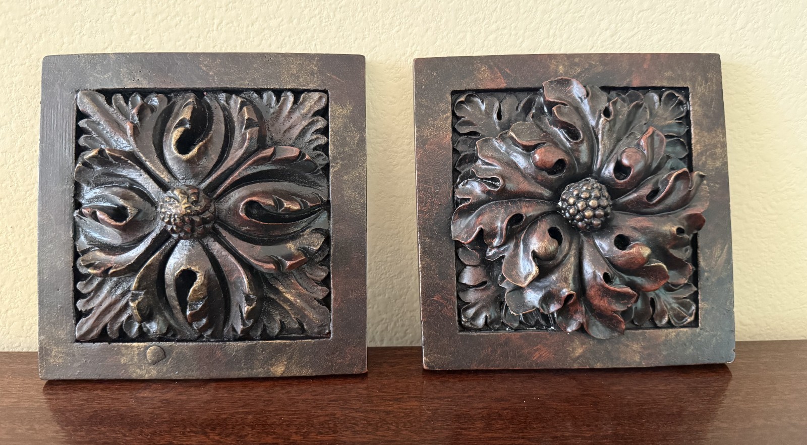 Pair of Decorative Wall Plaques (resin) 6 1/2″ square