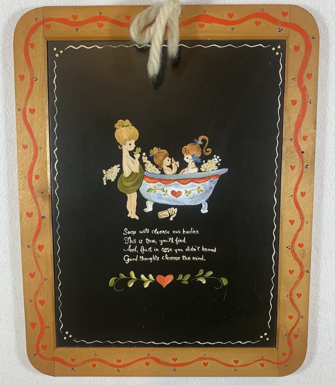 Vintage Bathroom Wall Sign Plaque Bathtub Girl Italy Hearts Bubble Poem Folk Art