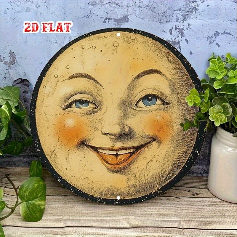 Vintage Tin Metal Sign Smiling Moon Aluminum Wall Art Round 8×8