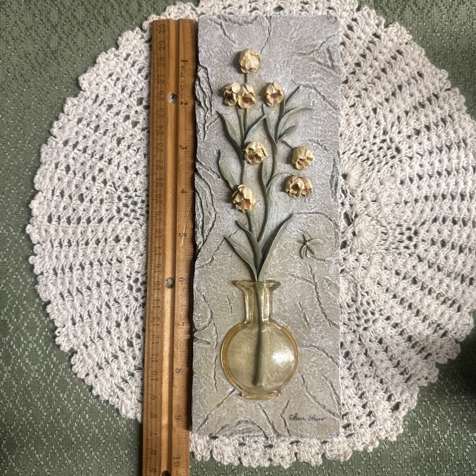 Vintage Wall Plaque Vase With Yellow Flowers And Bee Signed Cheri Blum, 3d