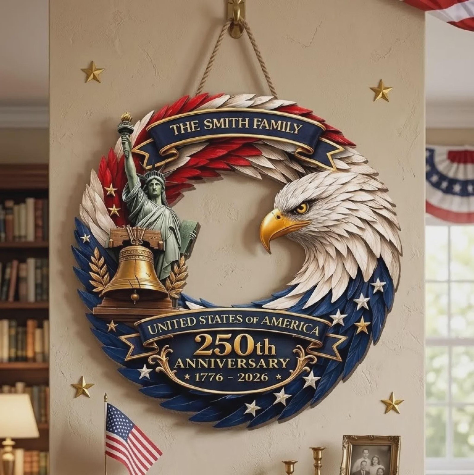Personalized America 250th Wood Wreath 1776-2026 Patriotic Door Sign Decor