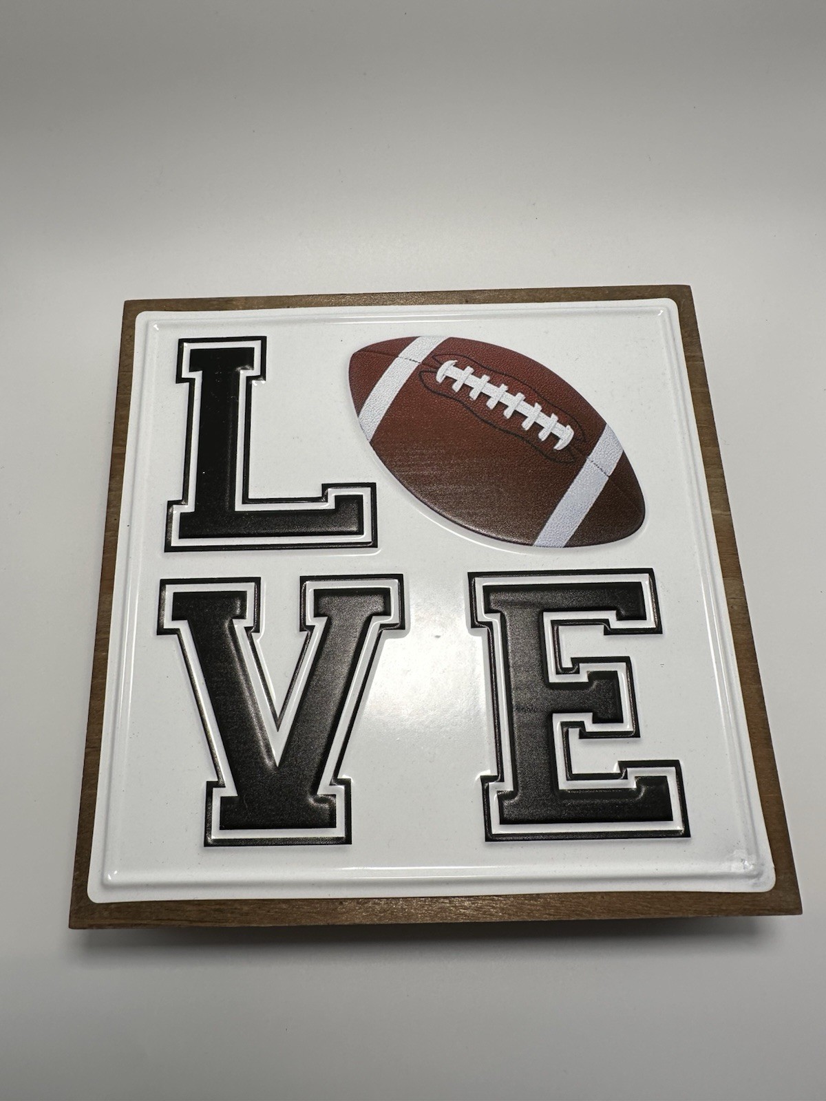 Football Love Sign Metal Wood 7.15” Length X 7.15” Width 1.8” Depth