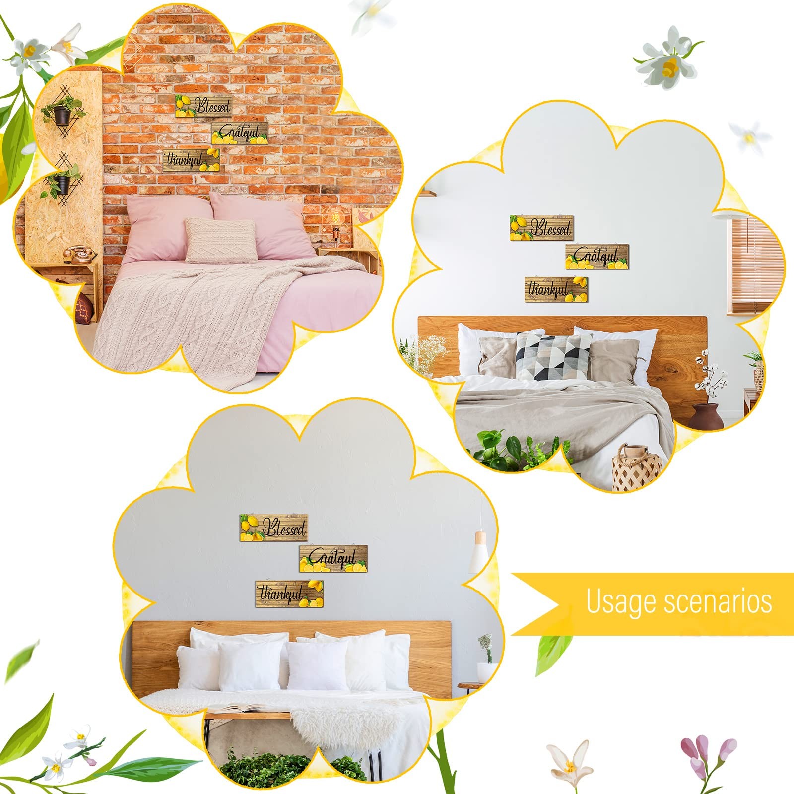3 Pieces Lemon Wall Decor Grateful Thankful Blessed Art Signs Lemon Decoratio…