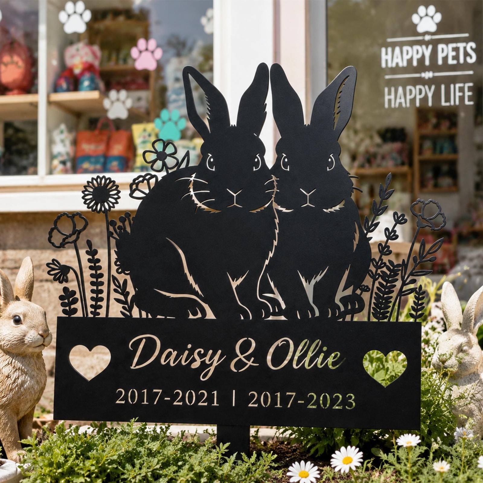 Custom Two Rabbit Pet Memorial Metal Stake, Rabbit Lover Sympathy Gift