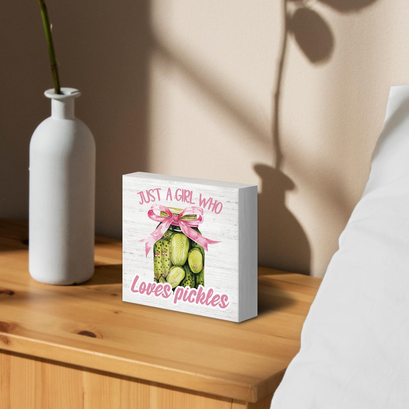 Luipk Coquette Bow Pickle Decor Wood Box Sign Desk Decor, 5″L x 5″W, White